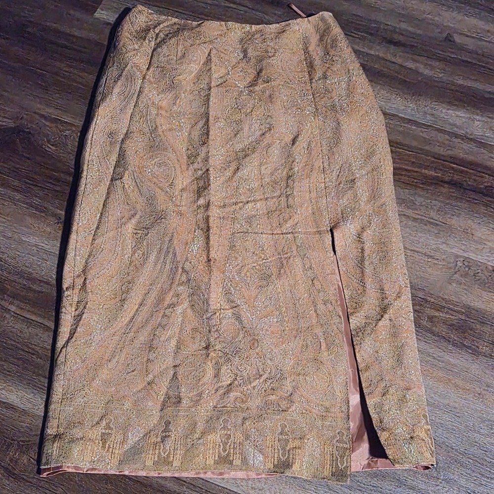Talbots Petites Gold Metallic Paisley Silk Wool Blend Midi Skirt Side Slit 10P